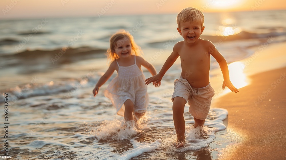 Happy little child girl and boy running and playing together on the beach at summer sunset Happy little child girl and boy running and playing together on the beach at summer sunset