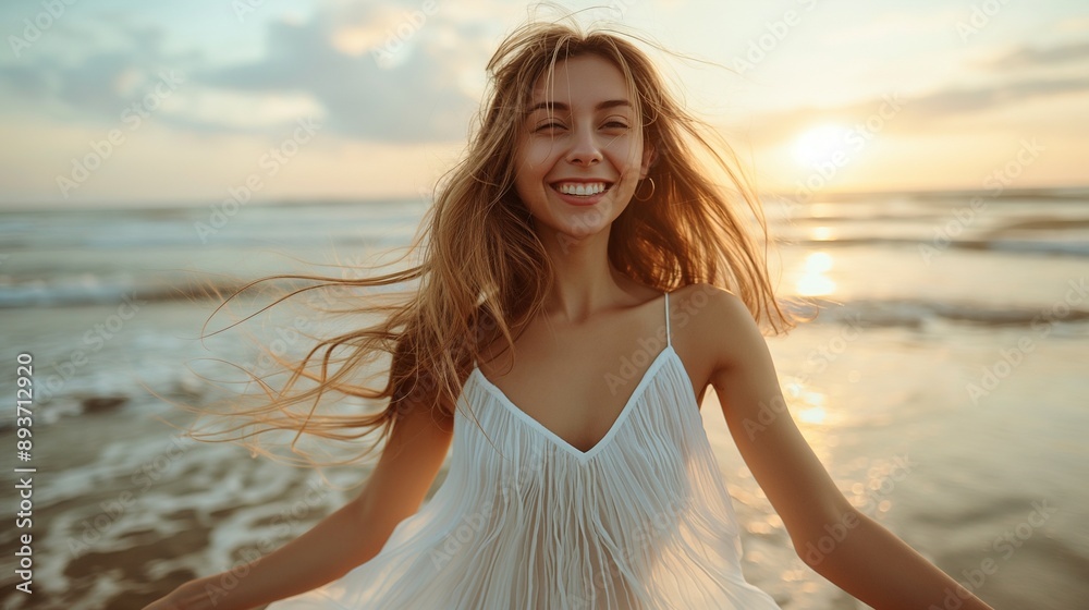young slim beautiful woman on sunset beach, playful, dancing, bohemian white dress young slim beautiful woman on sunset beach, playful, dancing, bohemian white dress