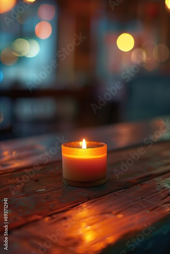 A single lit candle on a wooden table, surrounded by warm bokeh lights, creating a cozy and intimate ambiance.