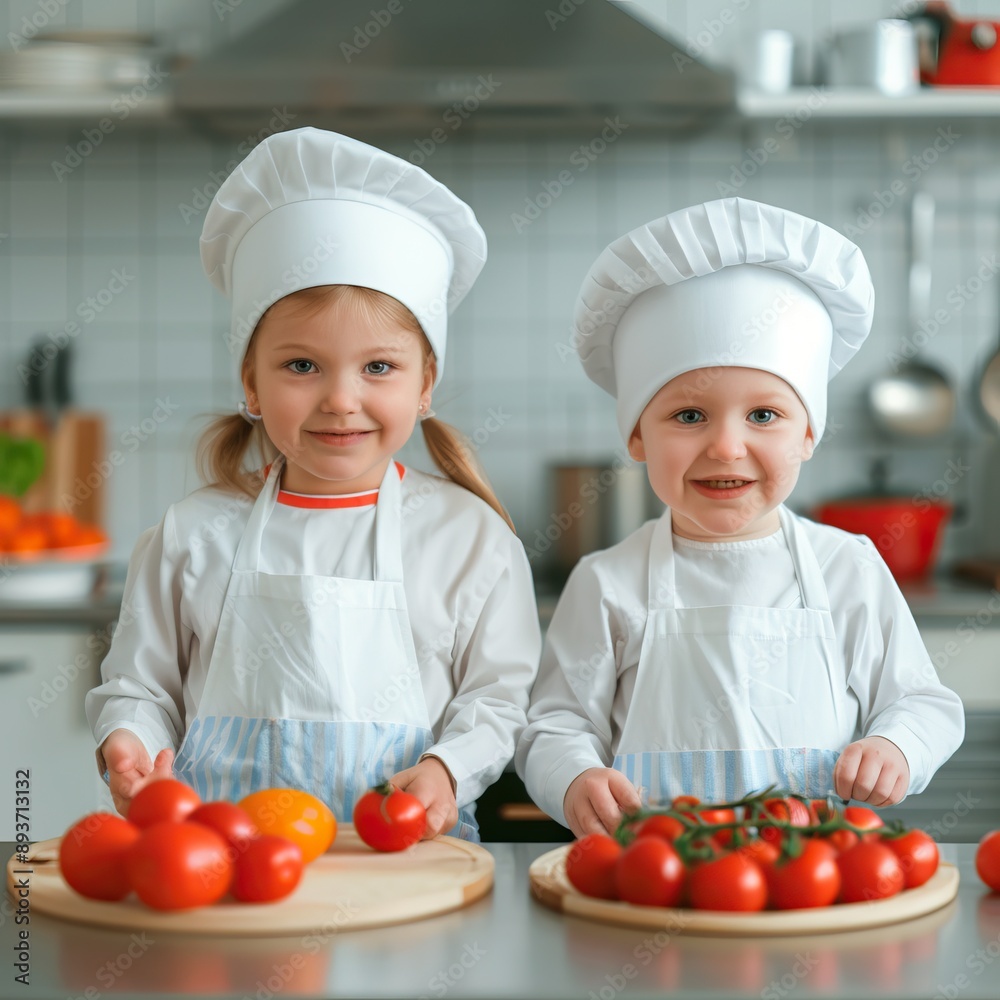 Two young children dressed as chefs stand in a kitchen, smiling and holding fresh tomatoes on cutting boards. Two young children dressed as chefs stand in a kitchen, smiling and holding fresh tomatoes on cutting boards.
