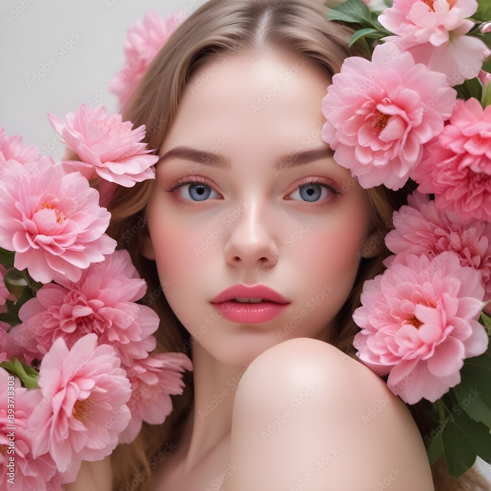 A young woman with long blonde hair surrounded by pink peonies, looking directly at the camera with a serene expression A young woman with long blonde hair surrounded by pink peonies, looking directly at the camera with a serene expression