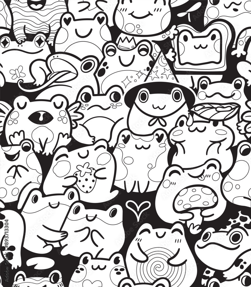 Fototapeta premium Black and white seamless pattern with a lot of cute little frogs characters in kawaii style in outline