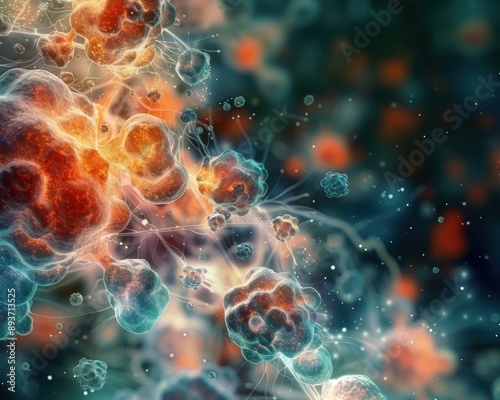 An artistic representation of cancer cells proliferating, with bright and dark contrasting colors to highlight the abnormal growth