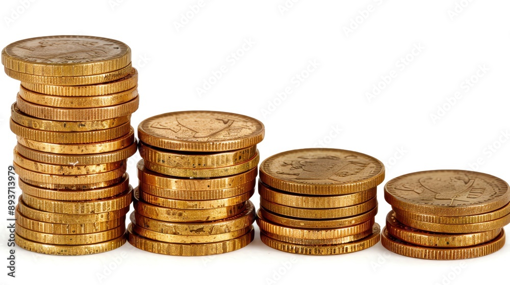 Isolated on white background, a stack of golden coins in different sizes Isolated on white background, a stack of golden coins in different sizes