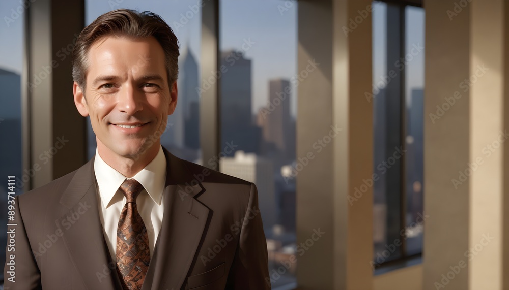 A middle-aged Caucasian man with short brown hair wearing a brown suit and tie, standing in front of a cityscape with tall buildings in the background A middle-aged Caucasian man with short brown hair wearing a brown suit and tie, standing in front of a cityscape with tall buildings in the background