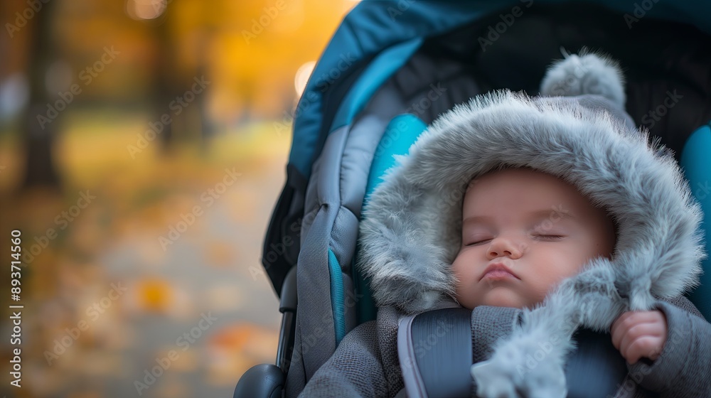 Sleeping Baby in Warm Clothes in Stroller on Autumn Day Sleeping Baby in Warm Clothes in Stroller on Autumn Day