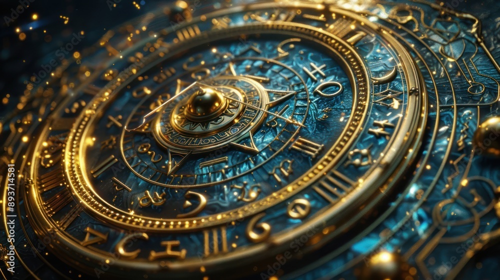 A gold and blue clock with Roman numerals and a cross on it A gold and blue clock with Roman numerals and a cross on it