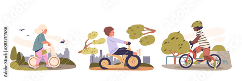 Children Enjoying A Bike Ride In An Urban Park. Kids On Different Types Of Bicycles, Enjoying Outdoor Activities In Park