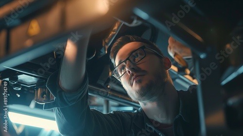 Car Mechanic Working on a Vehicle's Underbody in a Professional Workshop