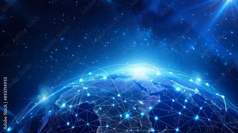 The globe of the Earth flies in white particles over the polygonal world map of the blockchain technology network. Climate change poster, placard, card or banner illustrating global warming issues. The globe of the Earth flies in white particles over the polygonal world map of the blockchain technology network. Climate change poster, placard, card or banner illustrating global warming issues.