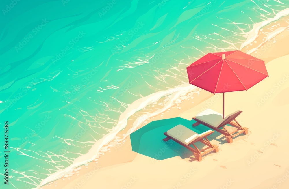 Naklejka premium Beach Chairs and Umbrella on Sand with Blue Water Background, Top View Flat Design