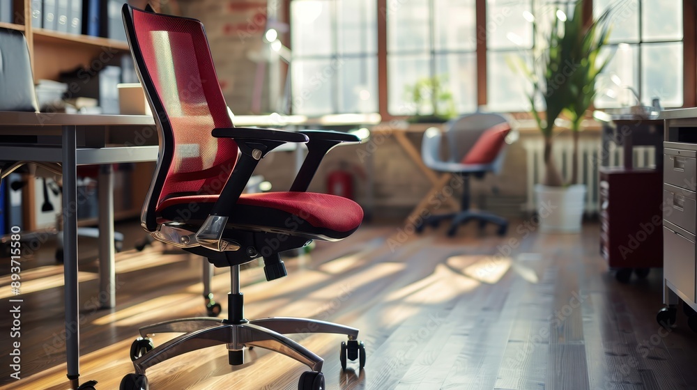 Modern office space with ergonomic red chairs, wooden flooring, and natural light. Cozy and stylish work environment.