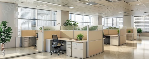 Modern office space with cubicles, desks, chairs, and plants in a bright and spacious environment with large windows.
