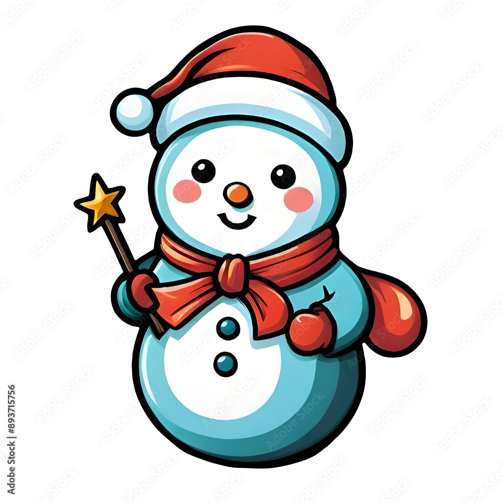 A cheerful snowman wearing a Santa hat and holding a magic wand stands amidst a snowy landscape. A cheerful snowman wearing a Santa hat and holding a magic wand stands amidst a snowy landscape.