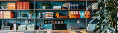 Modern office space with organized shelves, books, folders, and plants, creating a productive and aesthetically pleasing work environment.