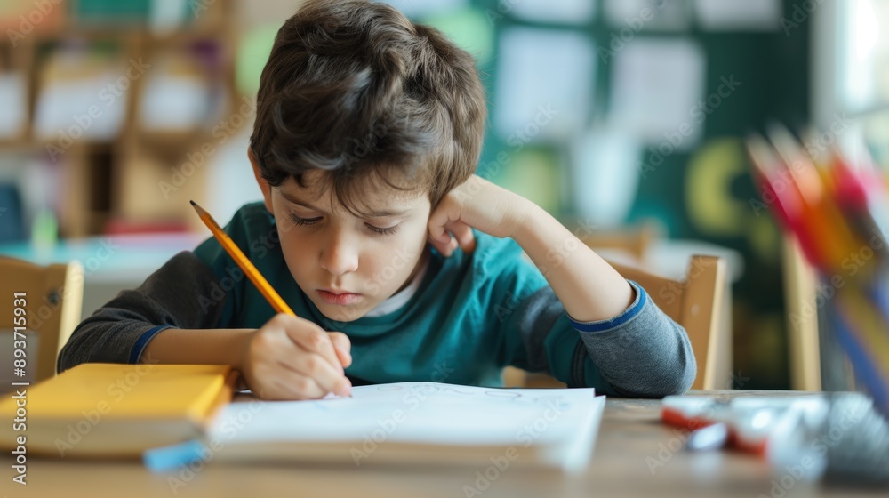 Frustrated Elementary Student Writing at Desk Frustrated Elementary Student Writing at Desk