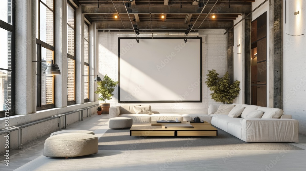 Fototapeta premium A large white living room with a white couch and a white coffee table