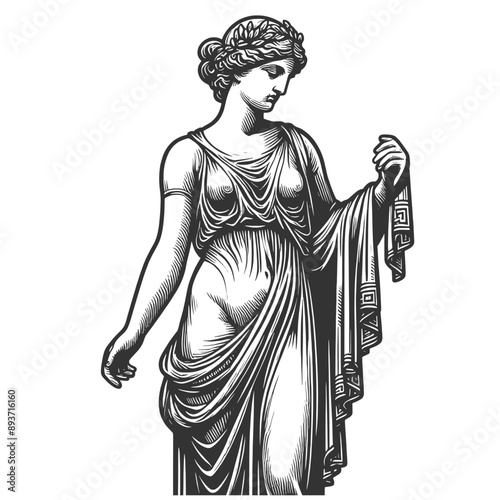 classical goddess statue, elegance and intricate details of ancient art sketch engraving generative ai fictional character vector illustration. Scratch board imitation. Black and white image.