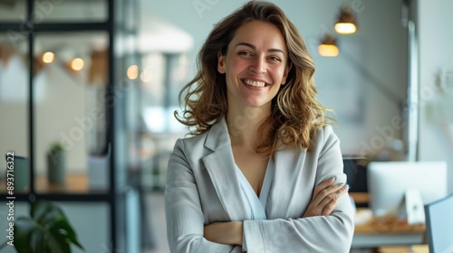 Una mujer de negocios en la oficina de una empresa startup sonriendo