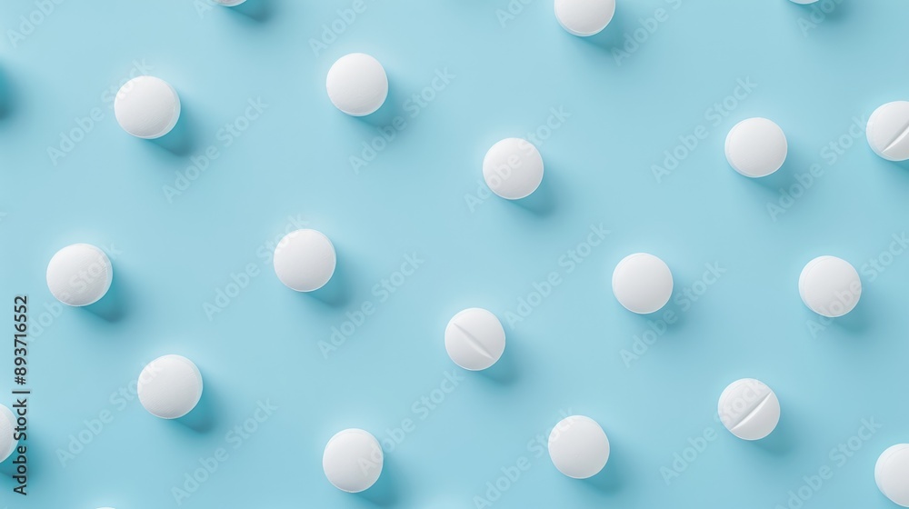 Top view of seamless arrangement of round white medical pills on blue surface Top view of seamless arrangement of round white medical pills on blue surface