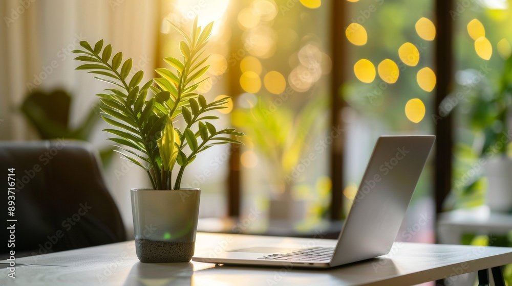 A laptop is on a table next to a potted plant A laptop is on a table next to a potted plant
