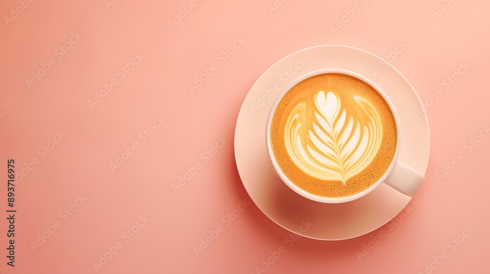Obraz premium Top view of Latte in mugs with latte art, pink background