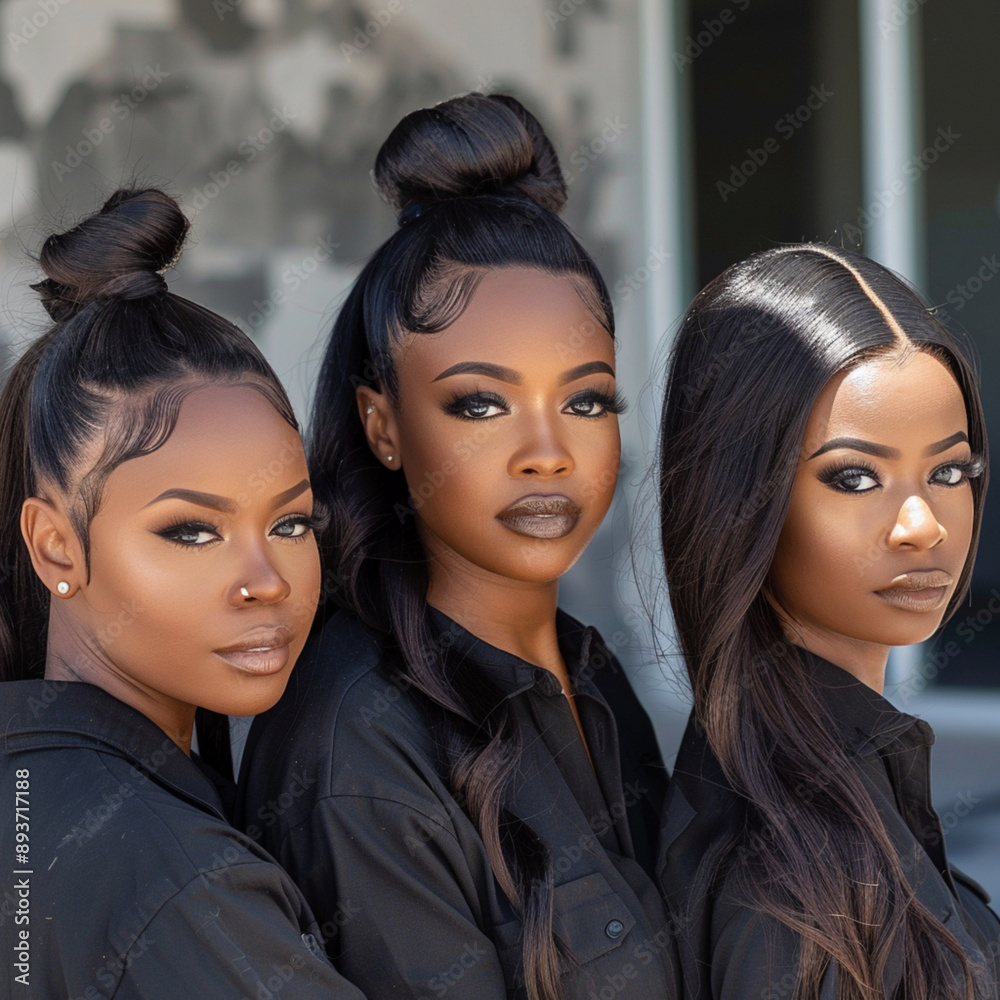 Φωτογραφία Three beautiful african american women with long black straight hair pinned up in a bun