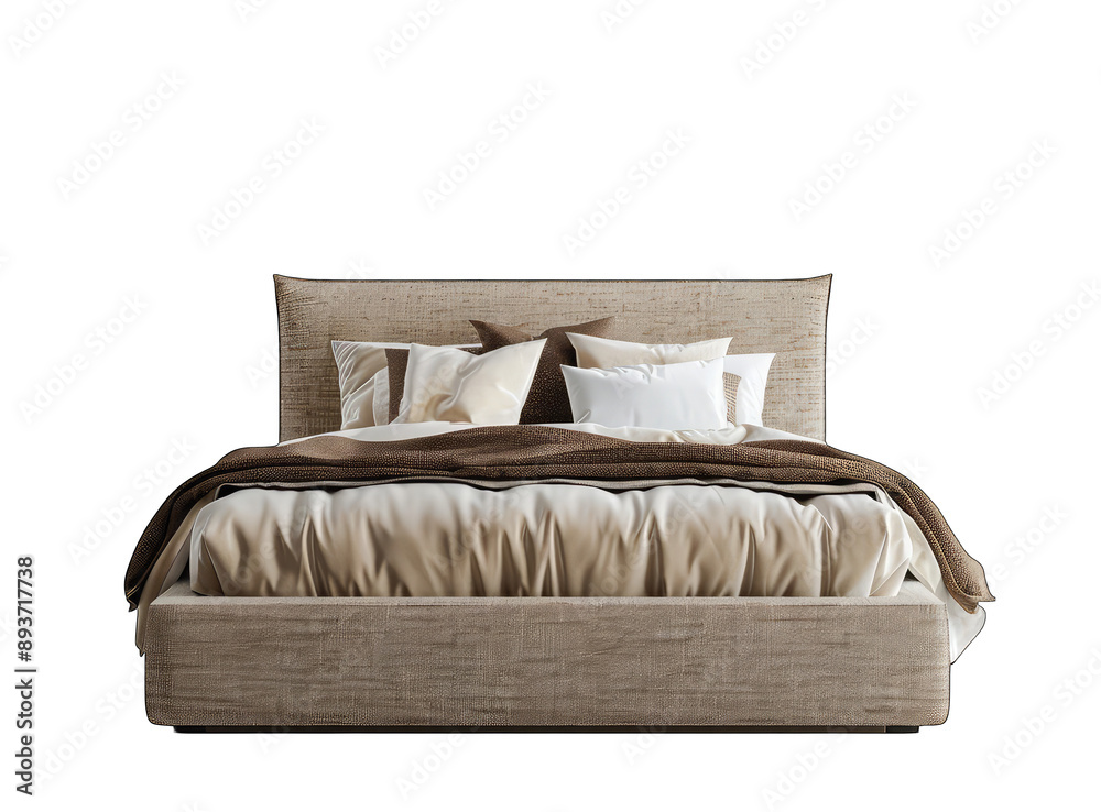 Obraz premium 3d model of bed with beige and brown fabric, transparent white background, front view