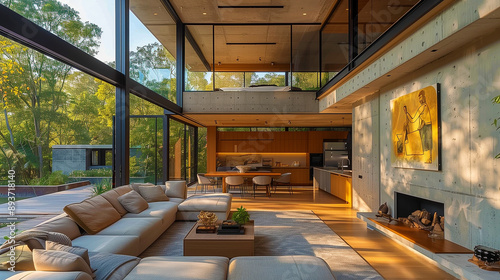 Dans le living-room de luxe, des parquets en bois et un mobilier élégant créent une ambiance chaleureuse. La lumière douce des lampes éclaire la salle à travers la fenêtre.