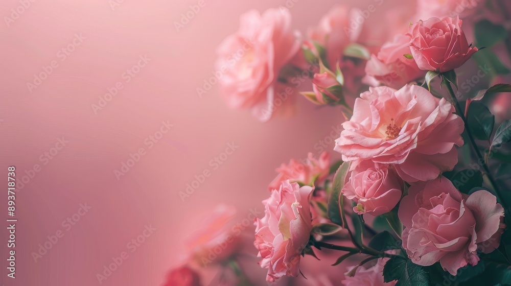 Delicate rose bouquet on light pink background with copy space and pastel frame Delicate rose bouquet on light pink background with copy space and pastel frame