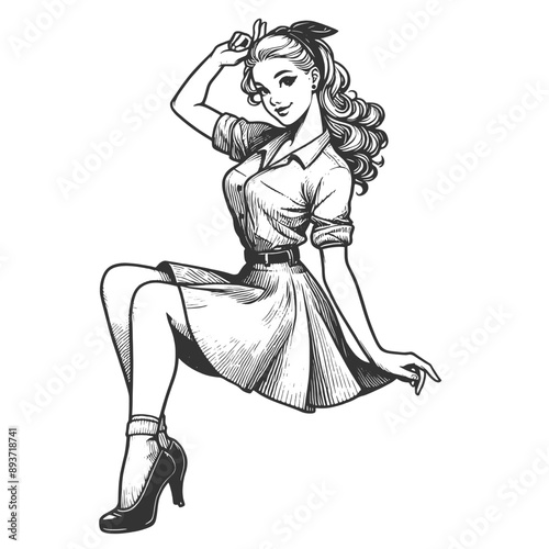 vintage pin-up girl posing in a playful and alluring manner, retro fashion sketch engraving generative ai fictional character vector illustration. Scratch board imitation. Black and white image.