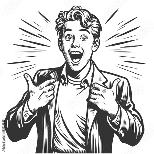 surprised young man pointing at himself with an excited expression, astonishment and enthusiasm sketch engraving generative ai fictional character vector illustration. Black and white image.