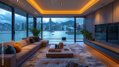 Dans le living-room d'une maison de luxe, la vue sur la mer est sublime. Une table en bois, des chaises élégantes et une architecture raffinée définissent l'intérieur.