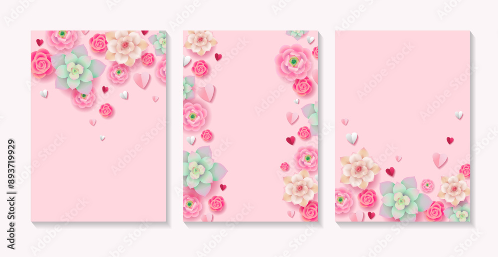 Set of vector floral pink backgrounds with copy space for text. Social media banner, poster, or card template with blooming flowers and hearts Set of vector floral pink backgrounds with copy space for text. Social media banner, poster, or card template with blooming flowers and hearts