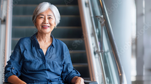 Happy older woman on stairlift with copy space