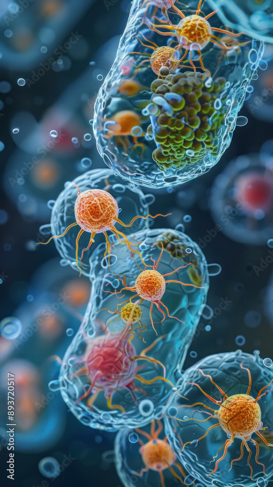 Obraz premium An illustration of bacterial cell division, explaining microbial proliferation