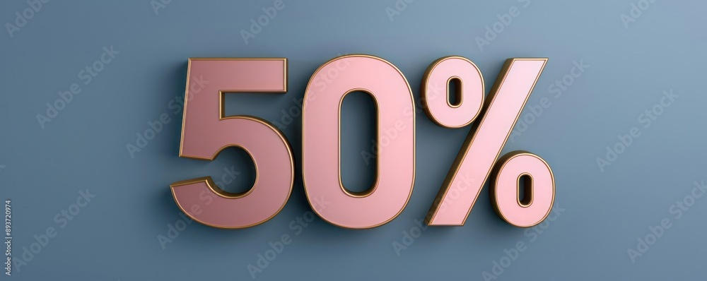 3D rendering of a large pink 50 percent sign with gold trim set against a blue background, symbolizing discounts or sales 3D rendering of a large pink 50 percent sign with gold trim set against a blue background, symbolizing discounts or sales