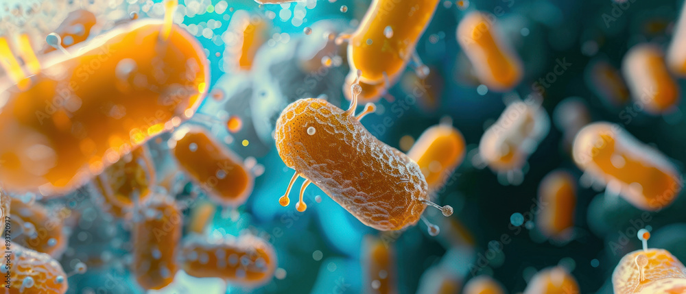 Closeup of bacteria under a microscope, illustrating microbial growth Closeup of bacteria under a microscope, illustrating microbial growth
