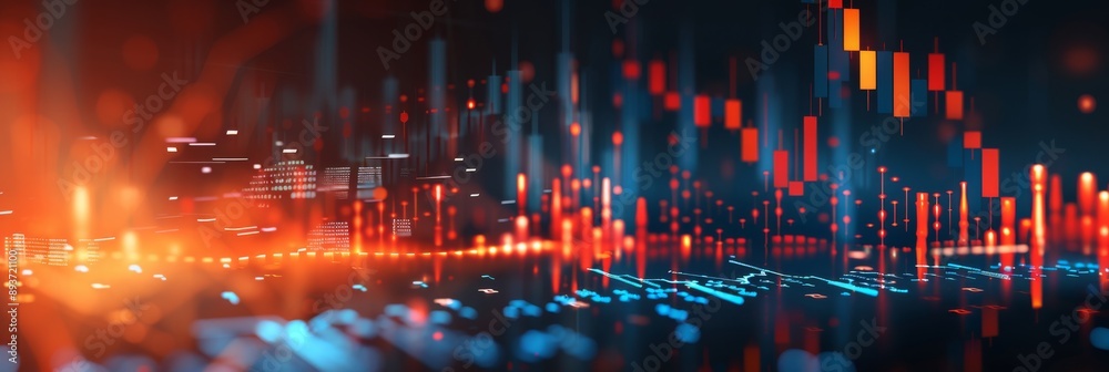 Obraz premium Futuristic financial stock chart showcasing rising data trajectories and trends on a digital display.