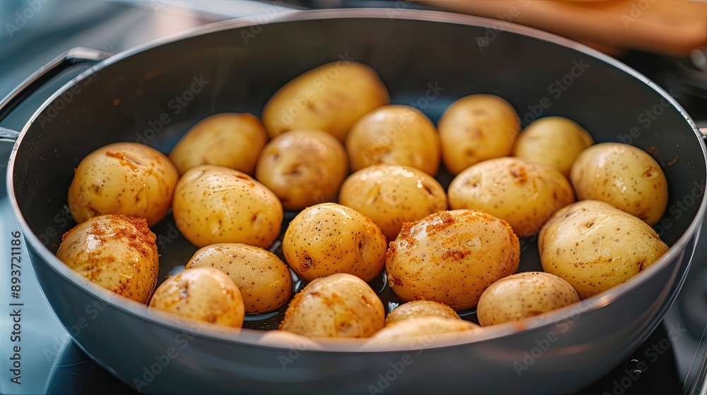 Close-up of whole roasted baby potatoes in a skillet, showcasing a delicious, golden-brown, and appetizing texture ready to be served. Close-up of whole roasted baby potatoes in a skillet, showcasing a delicious, golden-brown, and appetizing texture ready to be served.