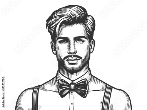 stylish man with a well-groomed beard and hair, wearing a bow tie and suspenders sketch engraving generative ai fictional character vector illustration. Scratch board imitation. Black and white image.
