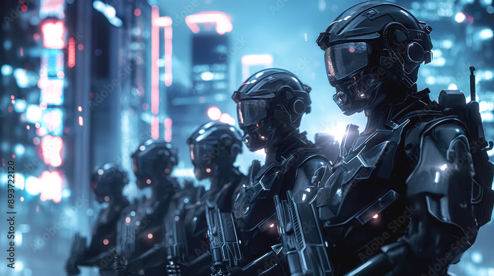 A line of futuristic soldiers in advanced combat suits and helmets stand in formation with a neon-lit cityscape in the background. A line of futuristic soldiers in advanced combat suits and helmets stand in formation with a neon-lit cityscape in the background.