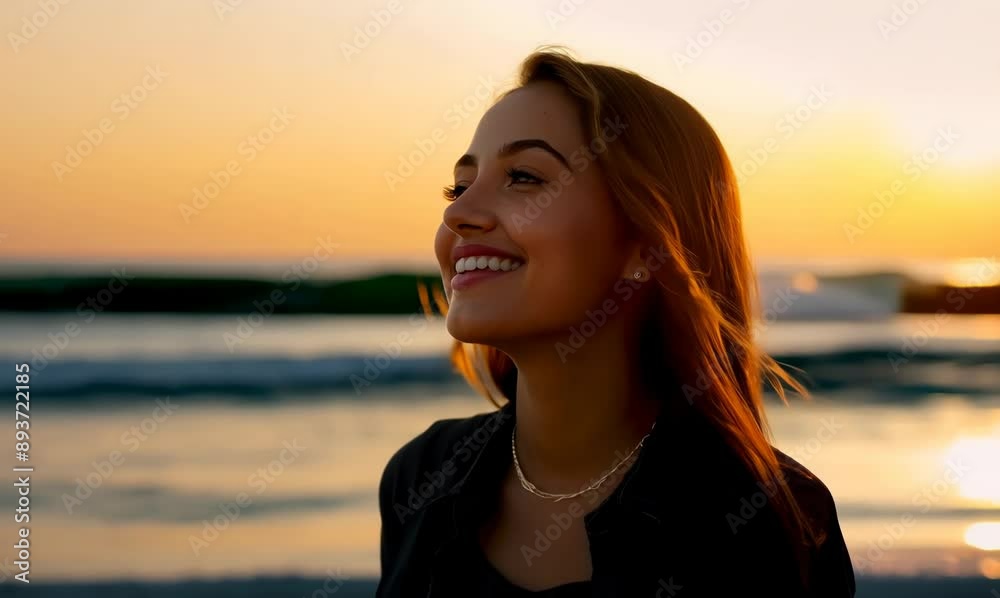Portrait of a smiling young woman standing on the beach at sunset Portrait of a smiling young woman standing on the beach at sunset