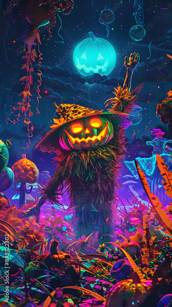 A creepy Halloween scene with a pumpkin wearing a hat