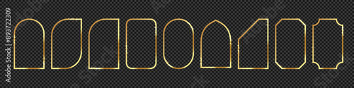 Thin gold frames isolated on dark background. Luxury gold borders Collection. Elegant geometric banner in boho, Islamic, art deco style