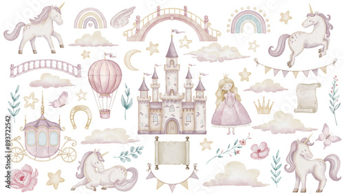 Watercolor clipart with Unicorns and princess castle in pastel pink and beige colors for Baby girls. Illustration of balloon, stars and clouds for childish design. Fantasy carriage and garlands.