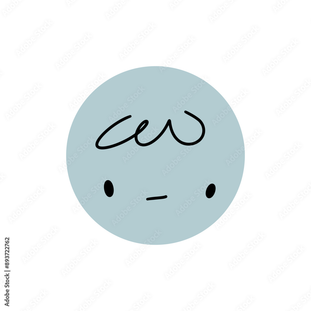 Сolorful sad character. Round abstract comic face with emotion. Crayon drawing style. Cartoon style. Flat design. Hand drawn trendy Vector illustration.