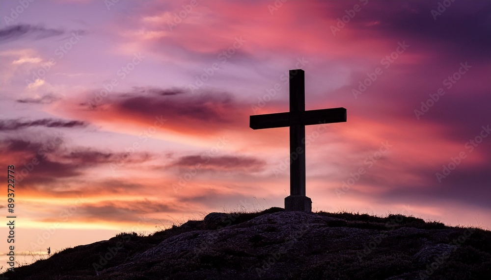religious Cross at top of mountain summit religious Cross at top of mountain summit