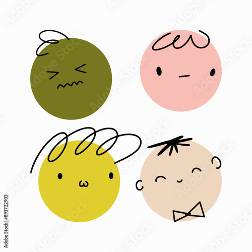 Different colorful characters. Round abstract comic faces with various Emotions. Crayon drawing style. Cartoon style. Flat design. Hand drawn trendy Vector illustration.