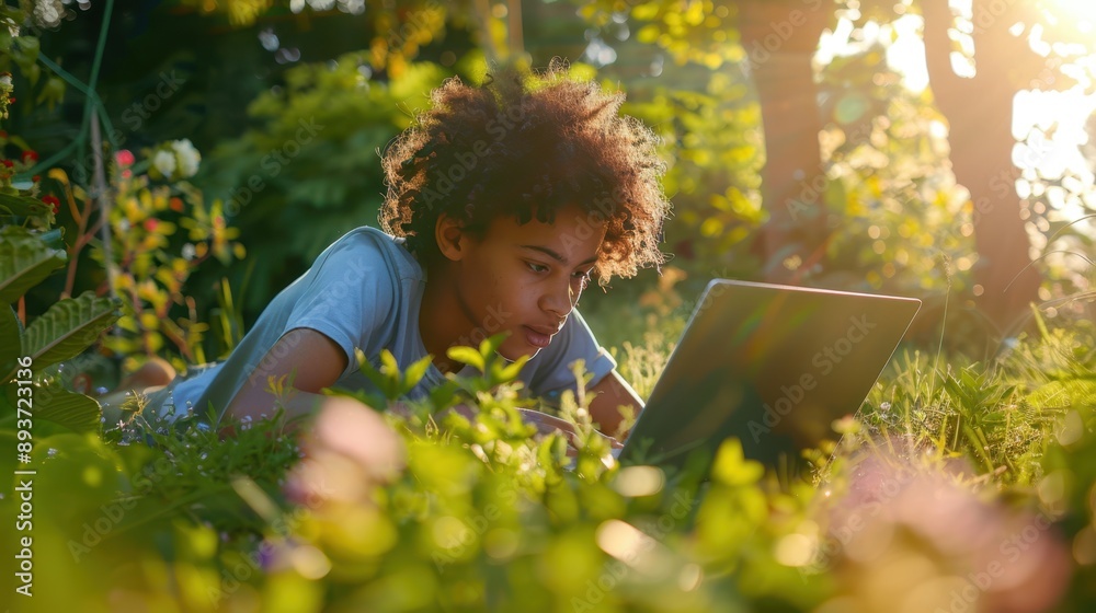 © anstam - Teenager with Laptop in Meadow